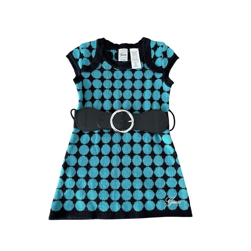 Guess belted sweater dress Girls 3T Turquoise Black Polka Dot Knit retro party